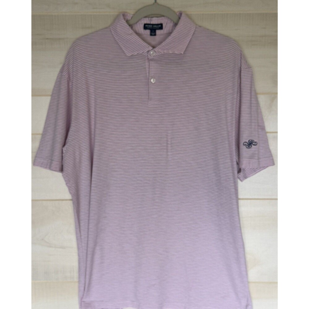 Peter Millar Polo Shirt Size XL Pink w Navy Stripes Crown Crafted Summer Casual